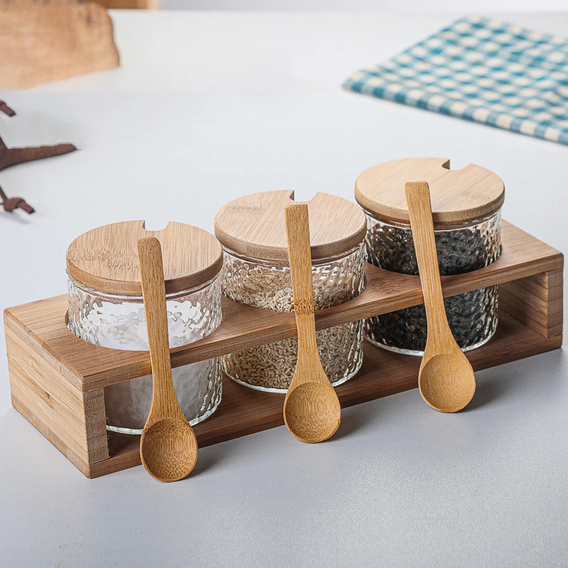 3 PCS Set Glasses Spices Jars With Spoon Bamboo Seasoning Shelf Sugar Salt Storage Bottle Organizer Tray Condiment Display Box