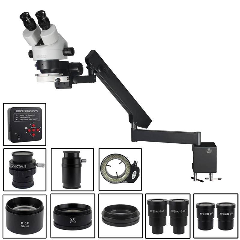 3.5X - 90X Articulating Arm Pillar Clamp Zoom Simul Focal Industrial Trinocular Stereo Microscope + 38MP 1080P HDMI Video Camera