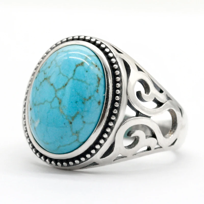 New Hot Selling 925 Sterling Silver Men's Ring Large Turquoise Men's Punk Ring High Jewelry