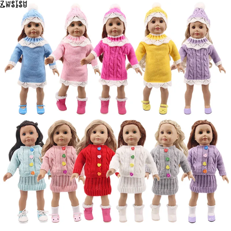 Doll Clothes Sweater Hat/Knitted Button Coat+Slim Dress For 18 Inch American&43Cm Born Doll Generation Baby Girl`s Christmas Toy