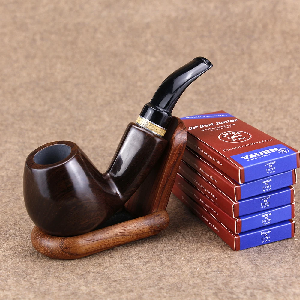 Ebony Wood 9mm Filter Flue Tobacco Pipe Retro Gentleman Bent Type Handle Handmade Smoking Pipe With Accessory Old Dad's Gift