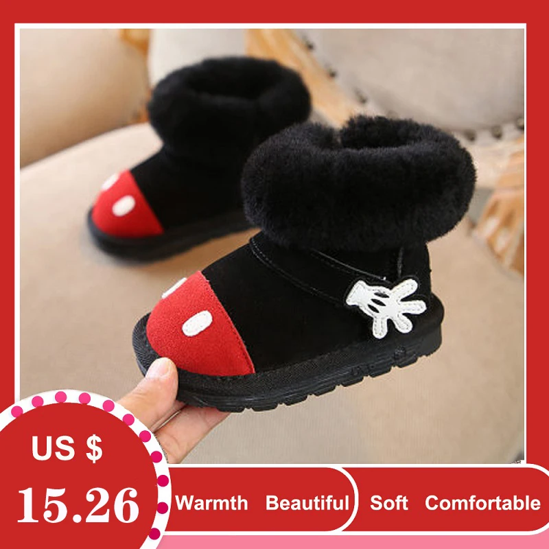 Winter Toddler Baby Girl Cartoon Snow Boot Child Fashion Genuine Leather Black Warm Fur Flat Kid Shoe kid warm shoes