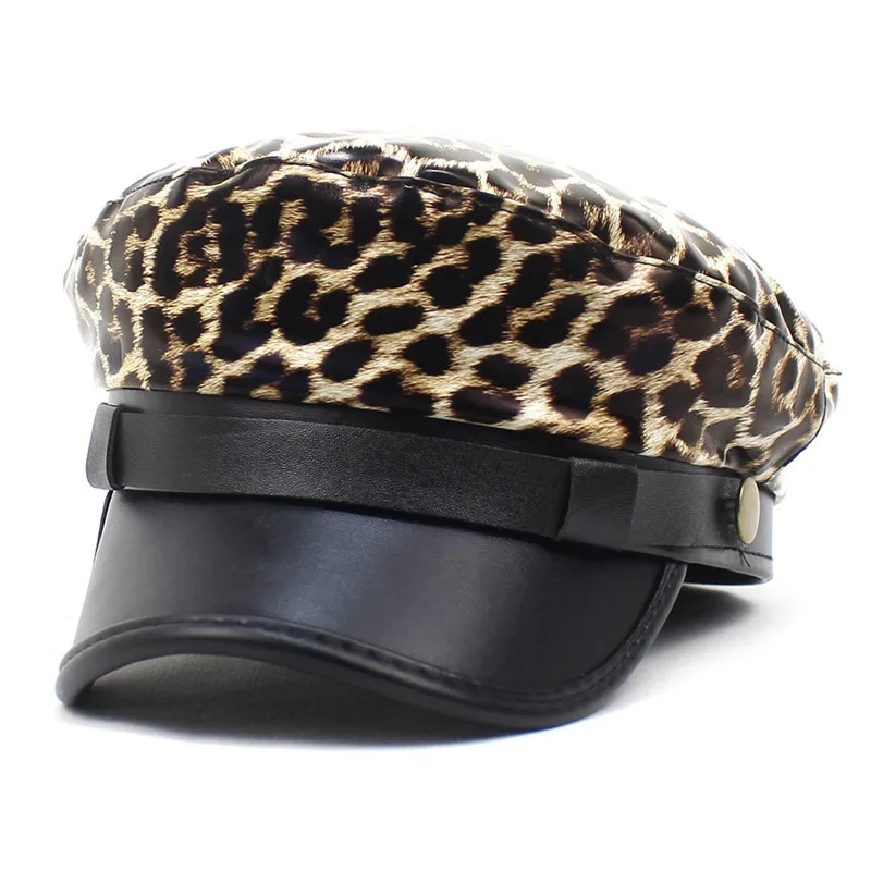 2021 Pu Leopard Grain Beret Octagonal Cap Autumn and Winter Painter Hat for Girl and Women 57