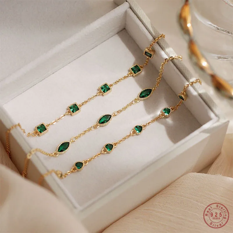 925 Sterling Silver Simple Emerald Crystal Bracelet For Women Light Luxury Temperament Mother's Day Jewelry Gift