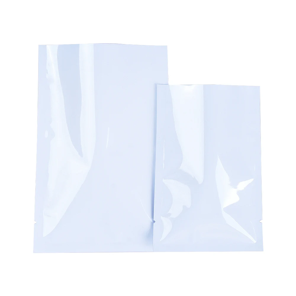 100Pcs/Lot Tear Notch Heat Vacuum Seal Flat Pouches for Food Snack Candy Chocolate Tea Glossy White Aluminum Foil Open Top Bag