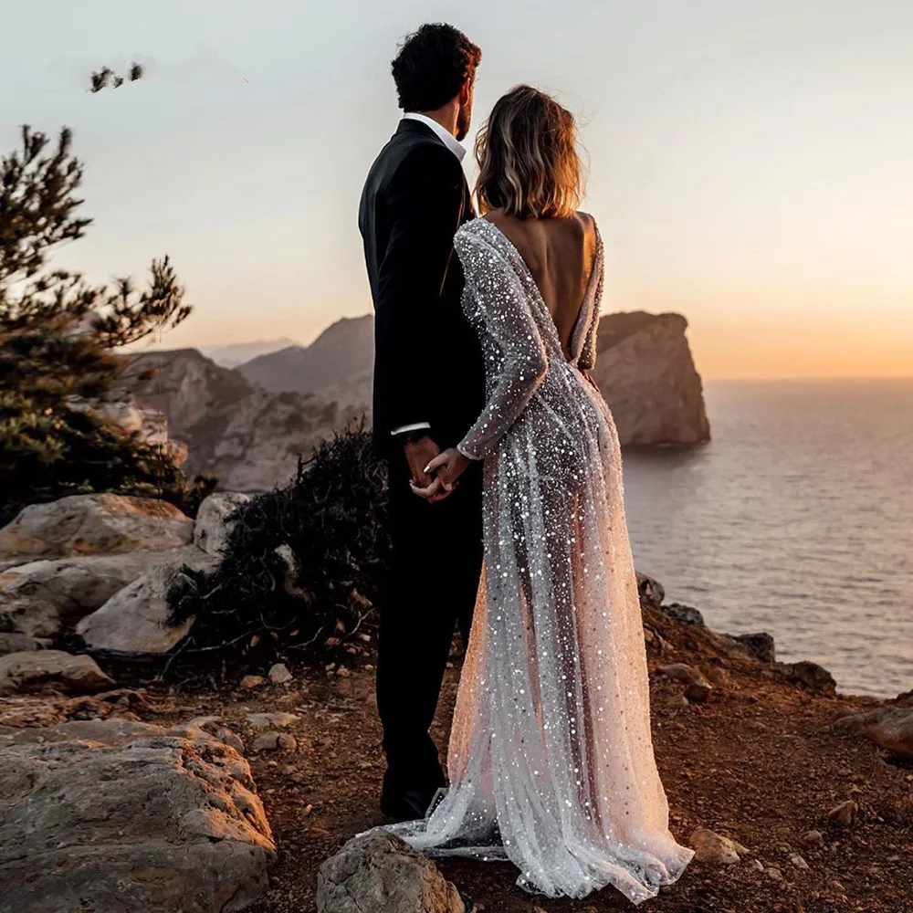 Sexy Illusion Boho Wedding Dress A-Line V-Neck Sleeves Wedding Dresses Backless Beach Bridal Gowns Sequined Beading Beach 2023