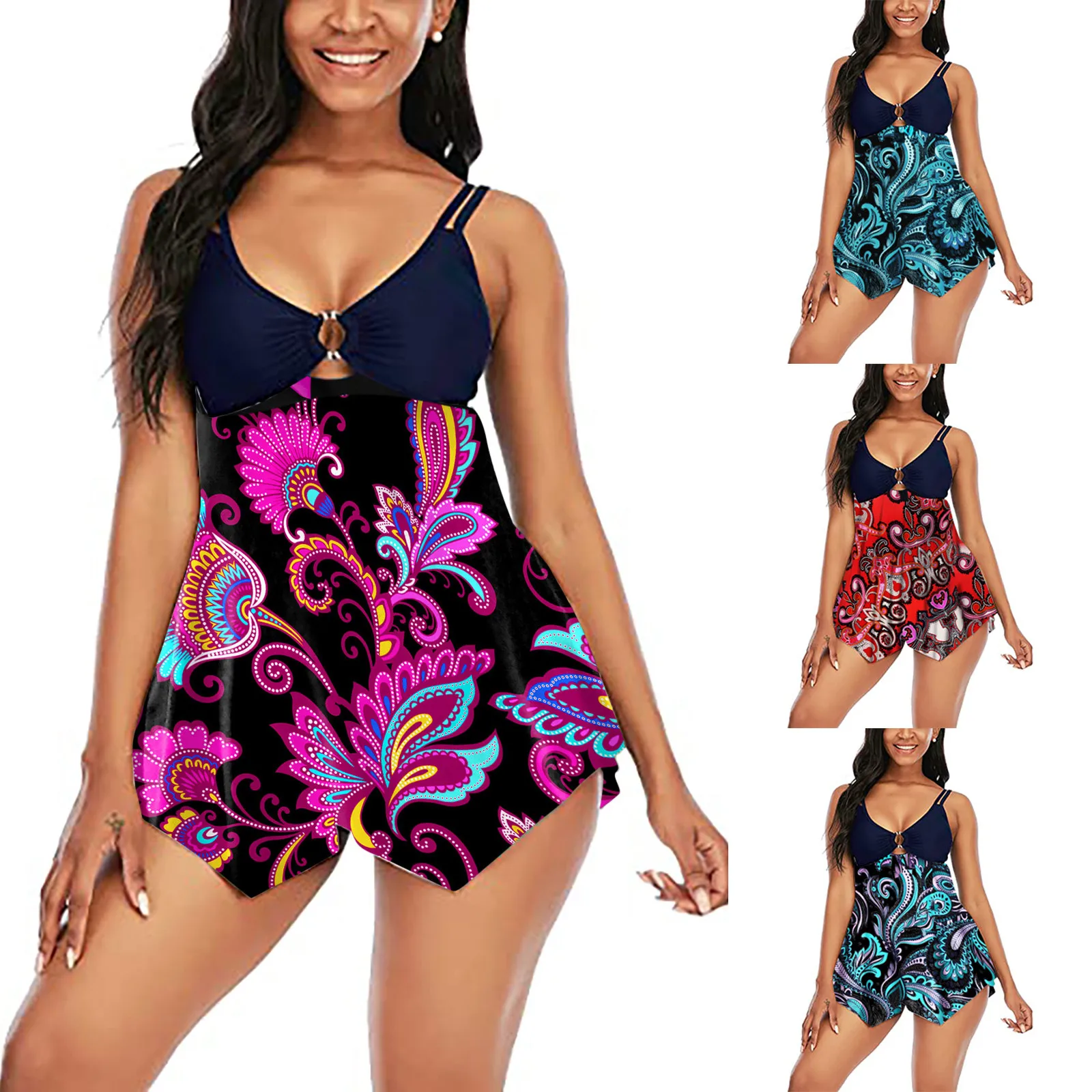 

40# Plus size Vintage Swimsuit Women Swimwear Sexy V-neck Buckle Splicing Suit Printing Tankini Swimsuit Купальник 2021 Новинка