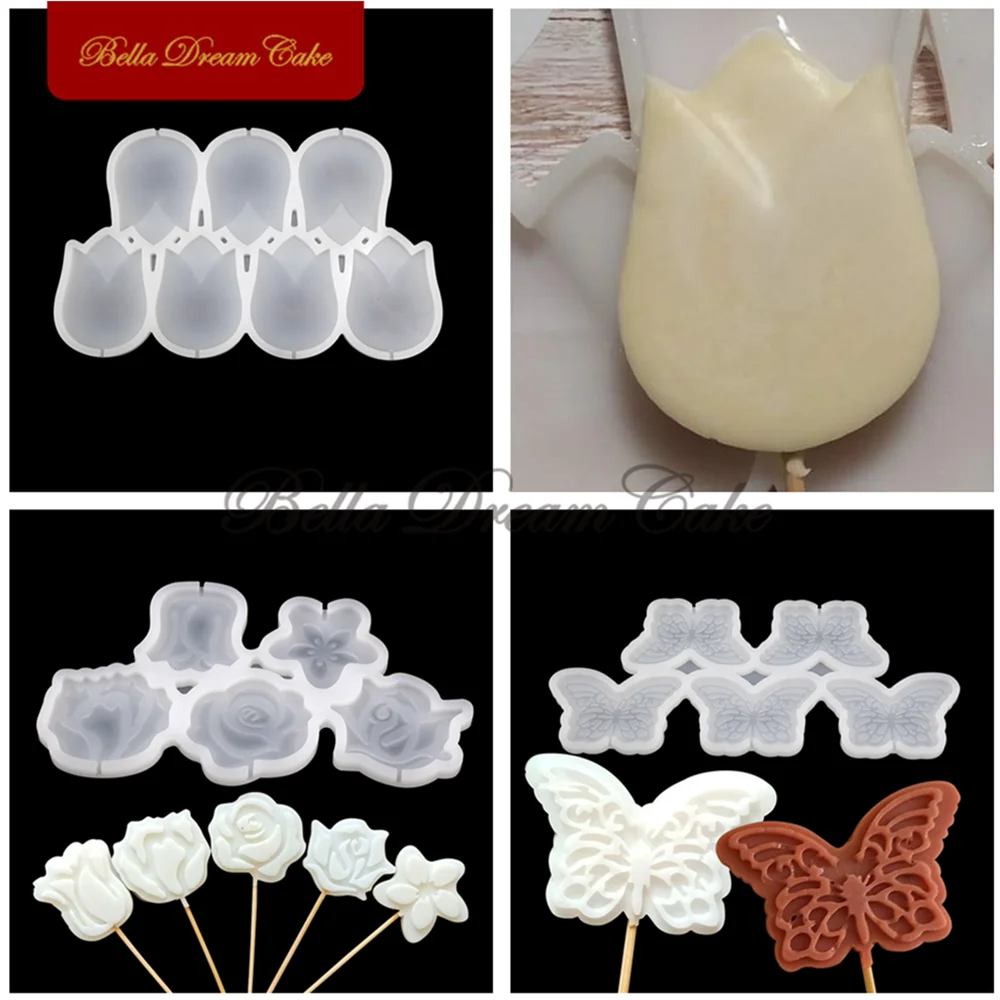 Butterfly/Rose/Tulip Flower Lollipop Silicone Mold DIY Handmade Chocolate Candy Cake Mould Cake Decorating Tool Kitchen Bakeware