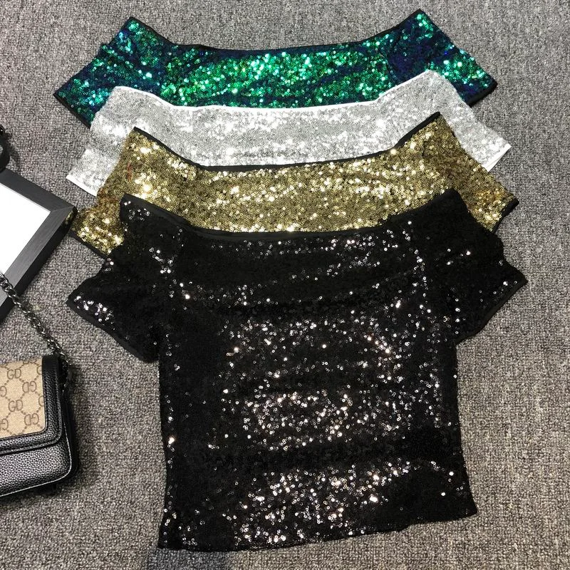 Sexy Shoulders A Word Sequins T-shirt Waist Coat Nightclub Stage Wind Short-sleeved Shirt Woman Tshirts  Women Sexy Tops