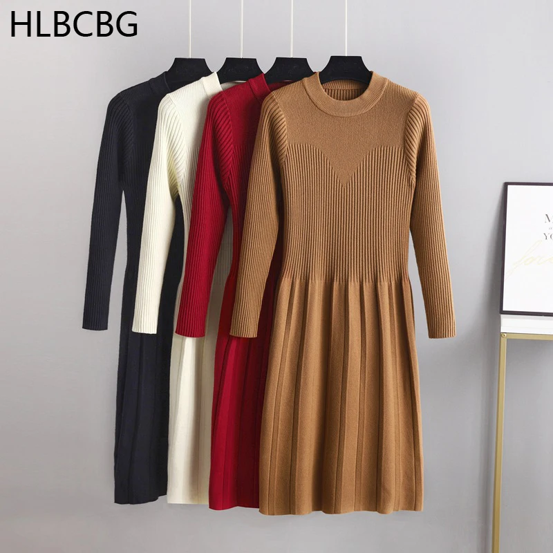 HLBCBG New Pure Autumn Winter O-neck Basic Slim A-LINE Thick Long Dress Women's Dress Female Basic Maix Robe Dress elegant Dress