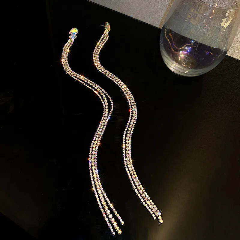 FYUAN Geometric Colorful Rhinestone Earrings for Women Oversize Long Tassel Crystal Dangle Earrings Statement Jewelry image 5