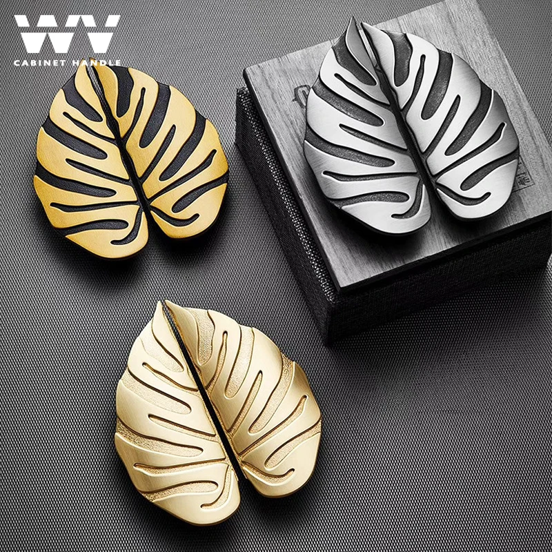 WV Leaf Kitchen Cabinet Storage Handles Gold Silver Leaves Creative Cabinet Handles Drawer Knobs Wardrobe Door Furniture Handle