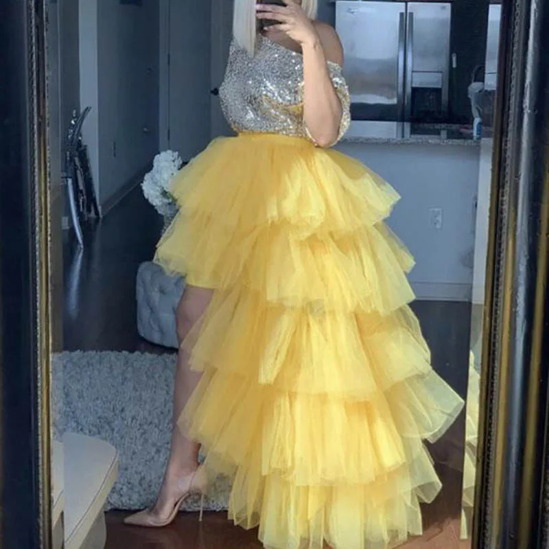 

Fabulous Tiered Tulle Skirt High Low Yellow Tutu Puffy Floor Length Maxi Skirts Women Layered Tutu Faldas Custom Made Prom Skirt