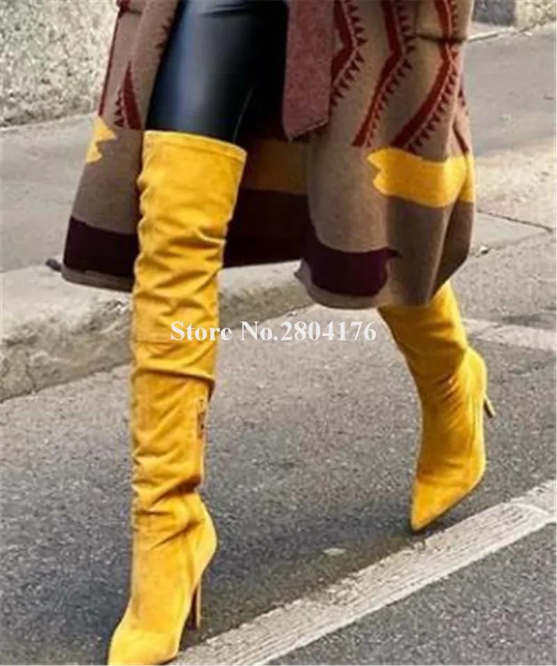 Women Sexy Pointed Toe Suede Leather Stiletto Heel Over Knee Boots Yellow Pink Blue Slim Long High Heel Boots Big Size Heels