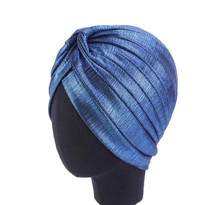 Women Metallic Pleated Turban Shiny Hijab Head Wrap Beanie Hat Muslim Chemo Cap Fashion Designs Solid Headwear Hair Accessories