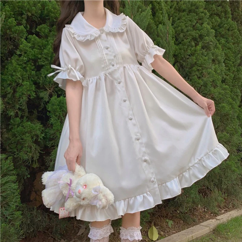 

Japanese Style Princess Ruffles Dress Pullover White Preppy Lolita Daily Clothes For Teenager Party Vintage Gothic Victorian