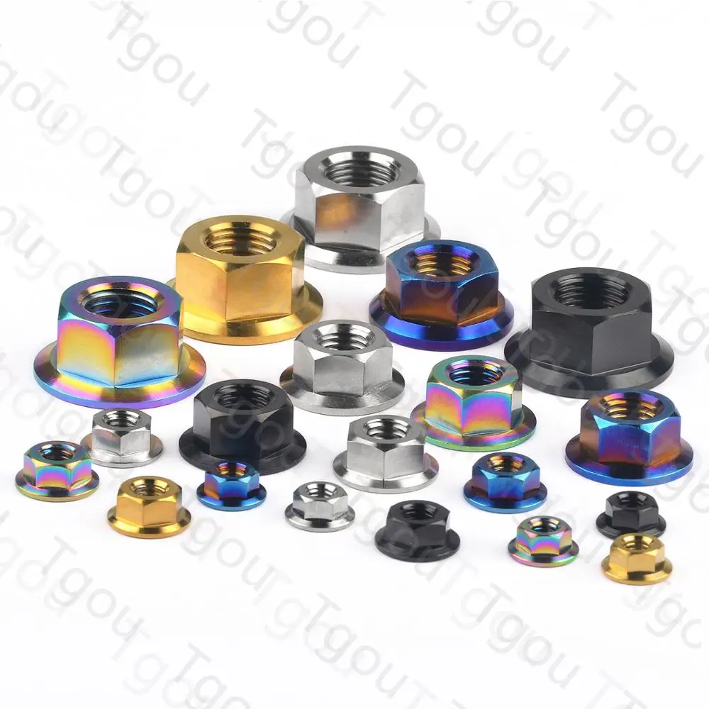 Tgou Titanium Nut DIN6921 M5/M6/M8/M10/M12/M14/M16 Flange Nuts for Bicycle Motorcycle Car 5pcs