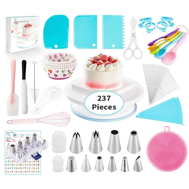 

Cake Decorating Supplies Kit for Beginners, 237 Pieces, Ultimate Kitchen Patisserie & Baking Supplies Set with Turntable Stand