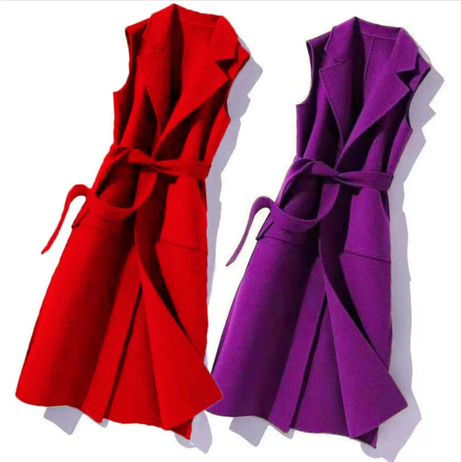 

Autumn Winter Wool Long Vest Sleeveless Jacket Coat Women Woolen Waistcoat Female Slim Pockets Vest With Belt Outwear
