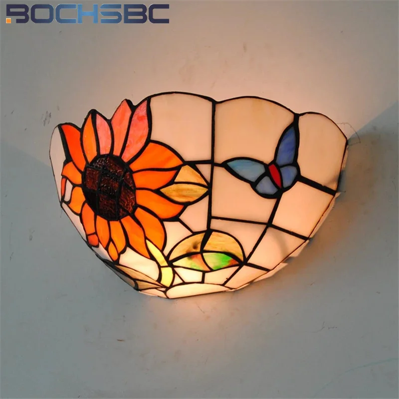 BOCHSBC Bohemia Sunflower Glassshade Wall Lamps Bedside Corner Light Wall Lamp Stained Glass Butterfly Wall Sconce Home Decor