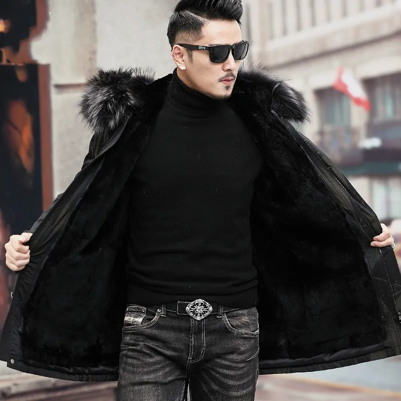 

Parka Mens Long New Style Genuine Leather Clothes Rabbit Fur Overcoat Winter