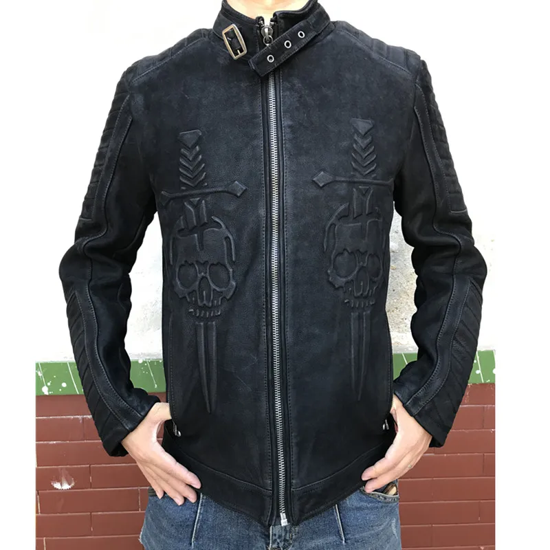 Vintage Black Autumn Skulls Leather Jacket Men Stand Collar Plus Size 3XL Natural Cowhide Slim Fit Genuine Leather Coat