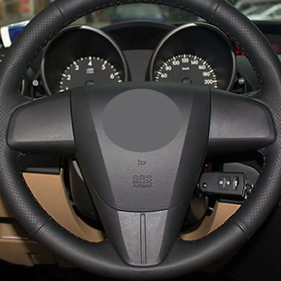 Handgenähter Auto-Lenkradbezug aus schwarzem PU-Kunstleder für alte Mazda 3, Mazda 5, Mazda 6 2003–2015 – Detail 4