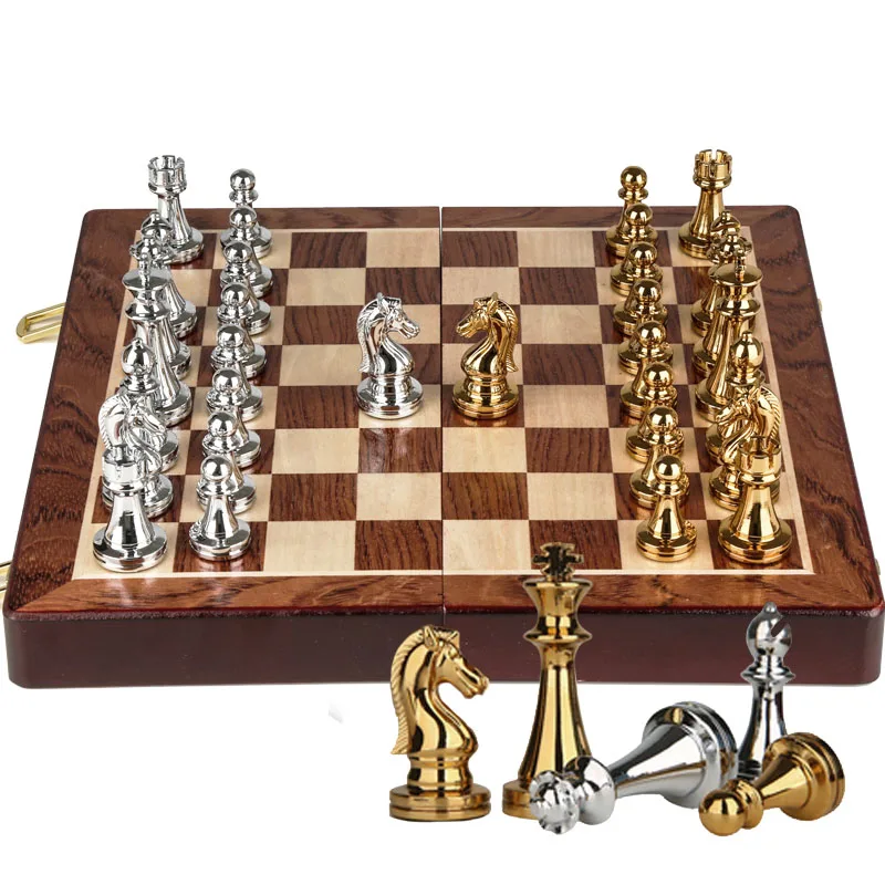 

Metal Chess Set Chess Game King Height 67mm Game of Iternational Chess Wooden Folding Chessboard Kirsite Chessmen I62