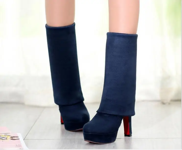 

New Thick with big code Boots Fashion Suede Leather Shoes Women Over the Knee Heels Boots Stretch Flock Winter High Boots botas