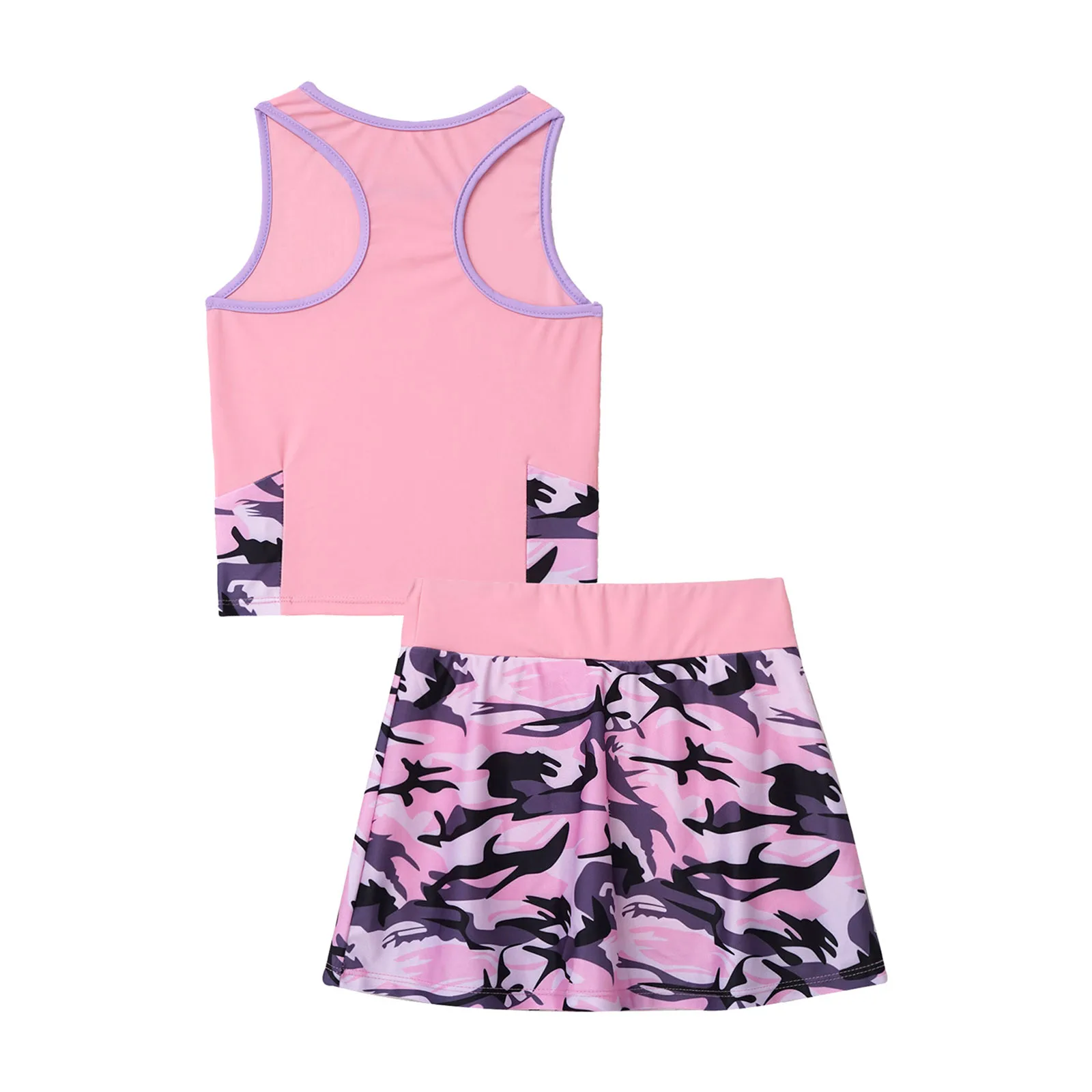 2Pcs Kids Girls Tennis Golf Dress Outfit Sleeveless Racer Back T-shirt and Built-in Shorts Skirts Set for Running Gym Sportswear