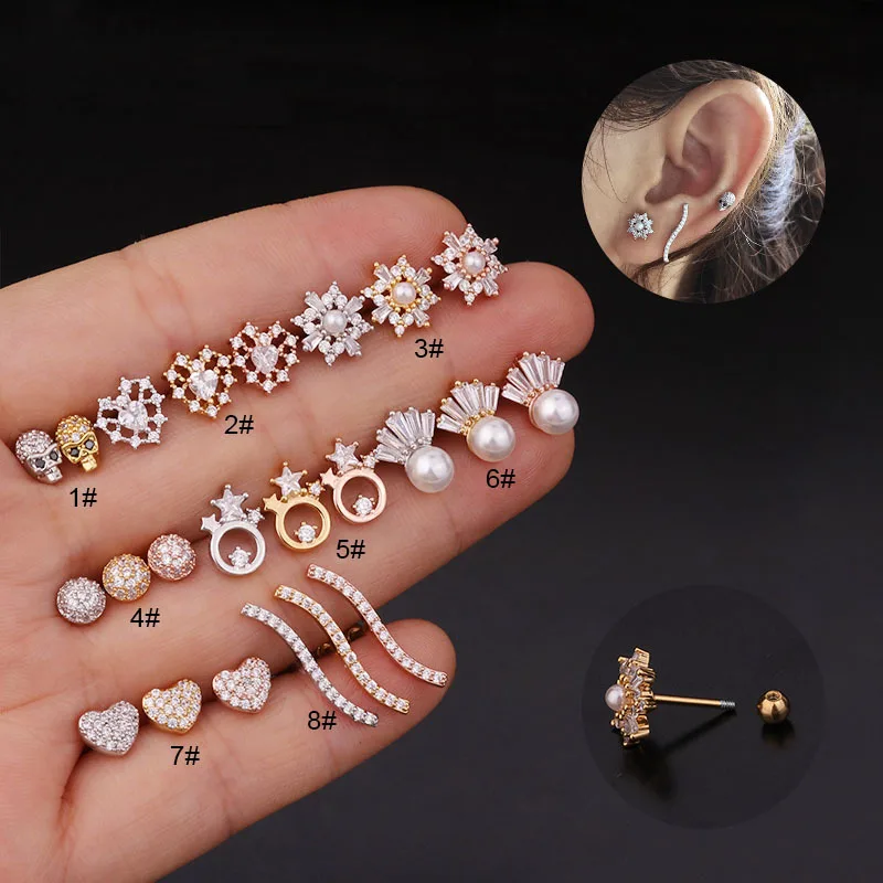 Cz EarTragus Cartilage Piercing Crystal Flower Skull Heart Pearl Earrings Barbell Piercing Orelha Ear Stud Helix Sexy Jewelry