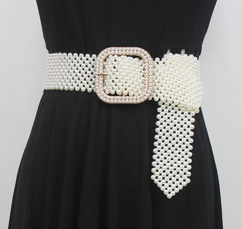 Women's Runway Fashion Pearl Knitted Cummerbunds Female Dress Corsets Waistband Belts Decoration Wide Belt R902