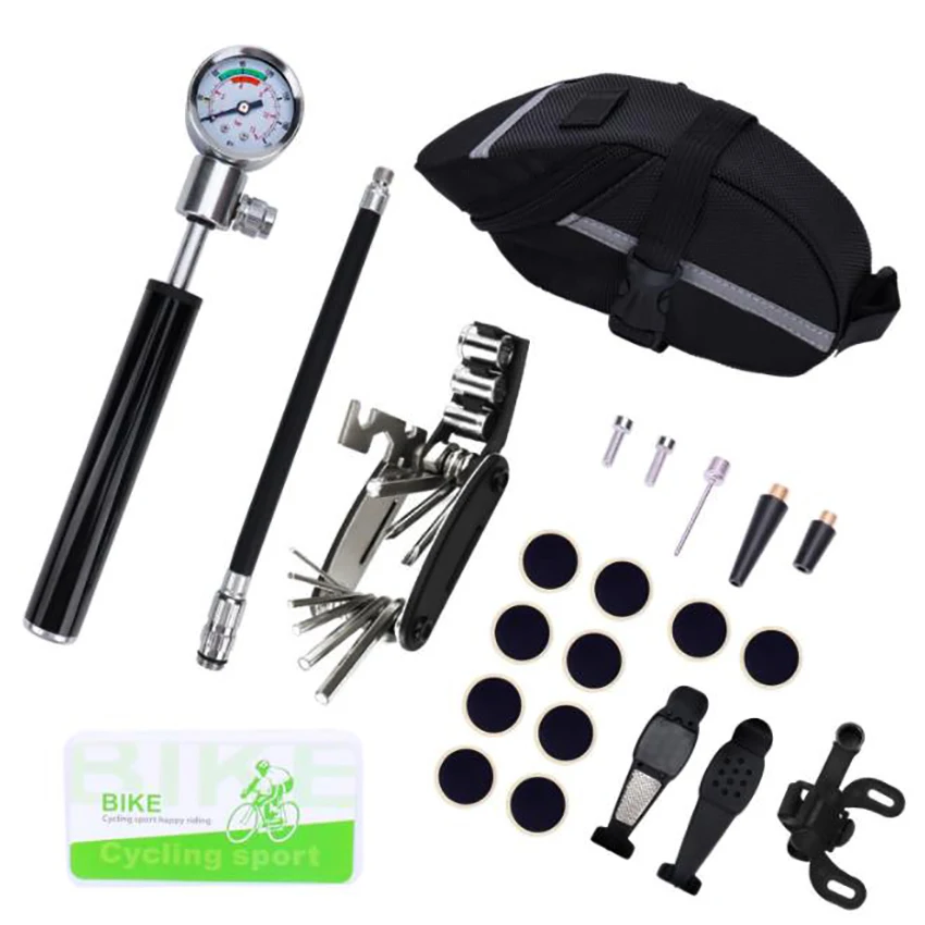 16 In 1 combinazione di attrezzi da ciclismo portatili, Mini pompa barometro chiave cacciavite strumento Mountain Bike Kit di riparazione biciclette