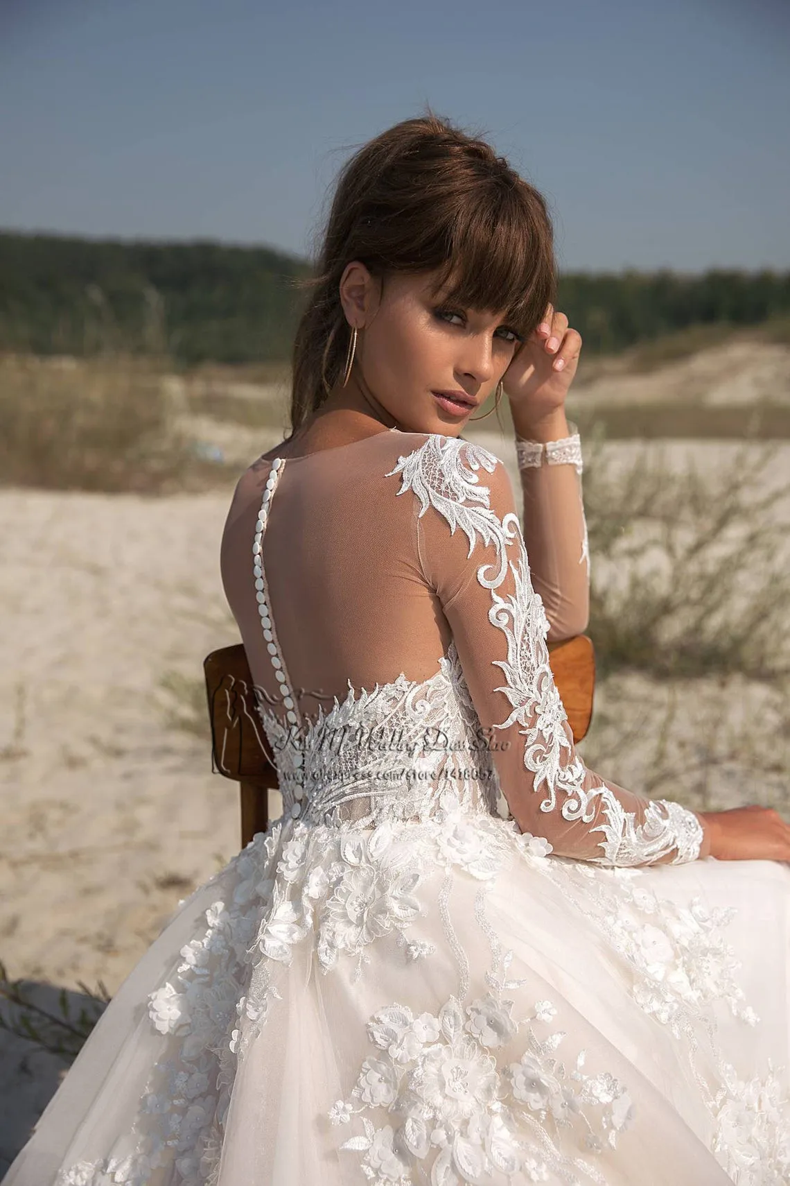 Vestido de Noiva Manga Longa abiti da sposa Vintage 2021 abiti da sposa in pizzo a manica lunga abito da sposa con fiore principessa perle