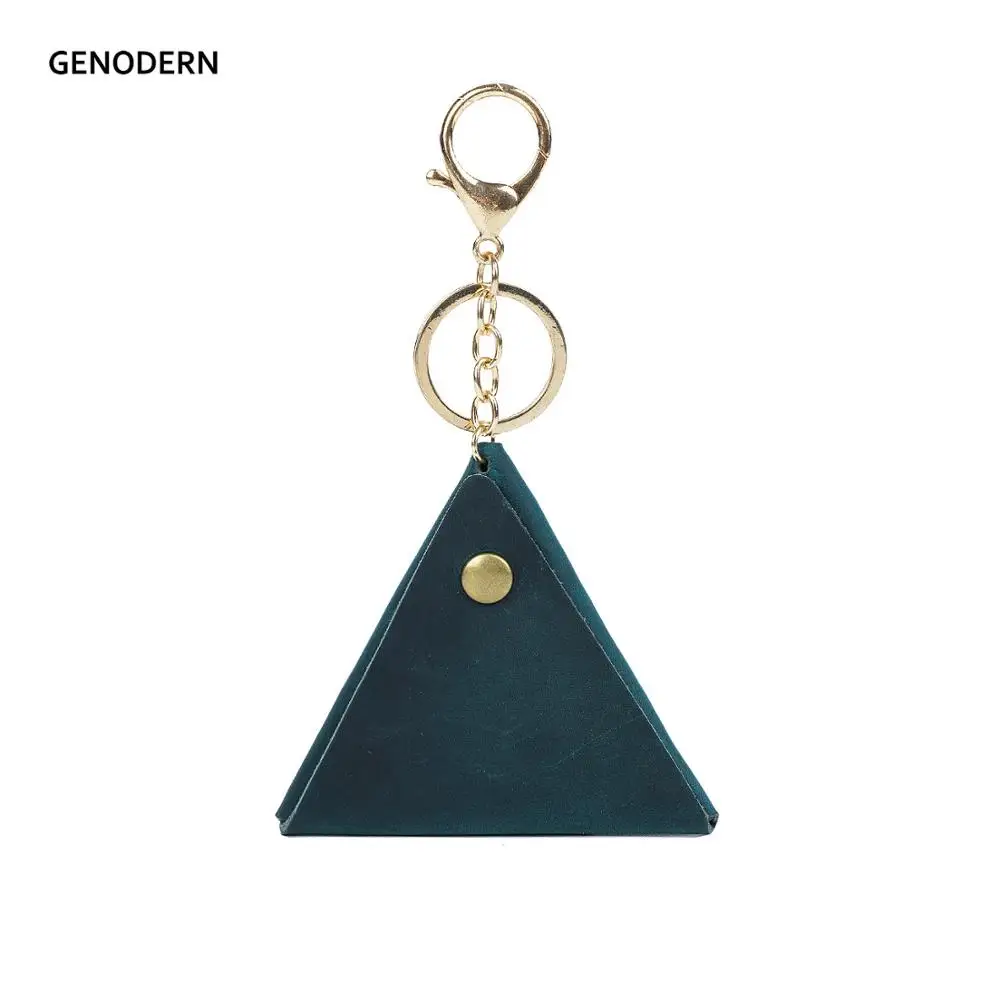 GENODERN Genuine Leather Coin Purse with Key Ring  for Women Triangle Hasp Men Coin Holder Handmade Cowhide Leather Small Wallet