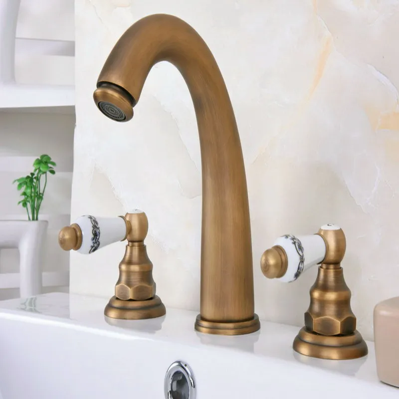 

Vintage Retro Antique Brass Deck Mounted Dual Handles Widespread Bathroom 3 Holes Basin Faucet Mixer Water Taps aan079