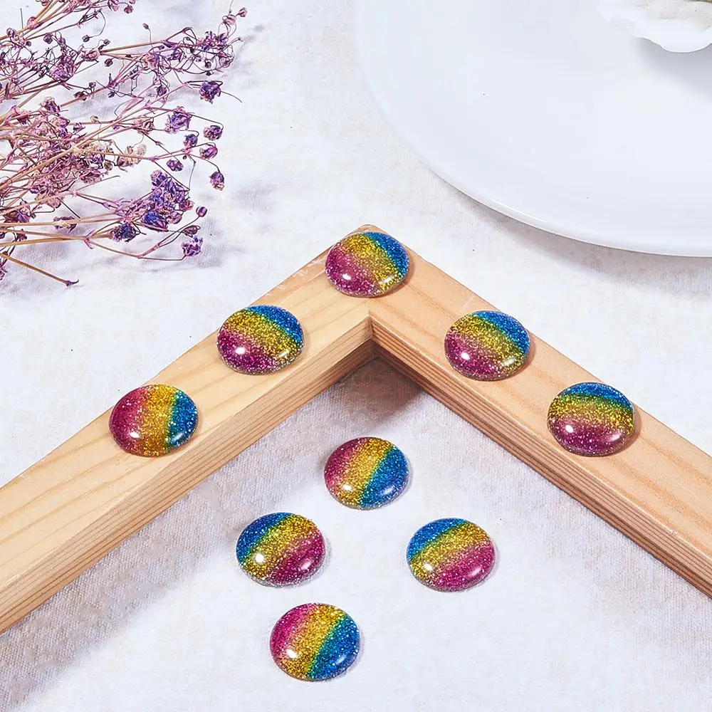 10 Buah Pelangi Resin Cabochons Pipih dengan Bubuk Glitter Kubah Setengah Bulat Manik-manik Lendir untuk DIY Scrapbooking Dekorasi Telepon