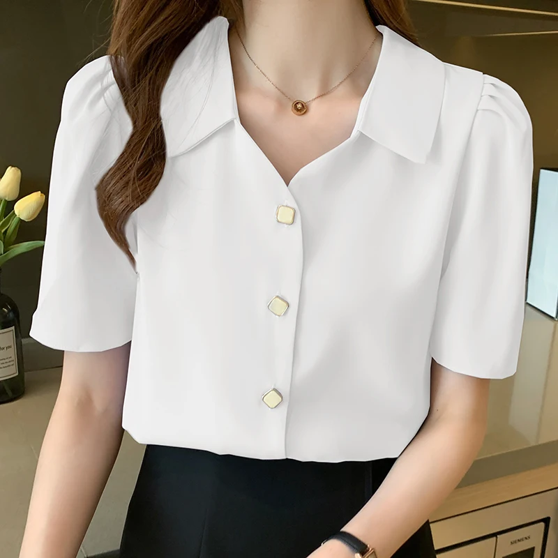 Casual Solid Female Shirts Tops 2021 Summer New Women Chiffon Short Sleeve Blouse Office Lady V-neck Button Loose Clothing S-XL