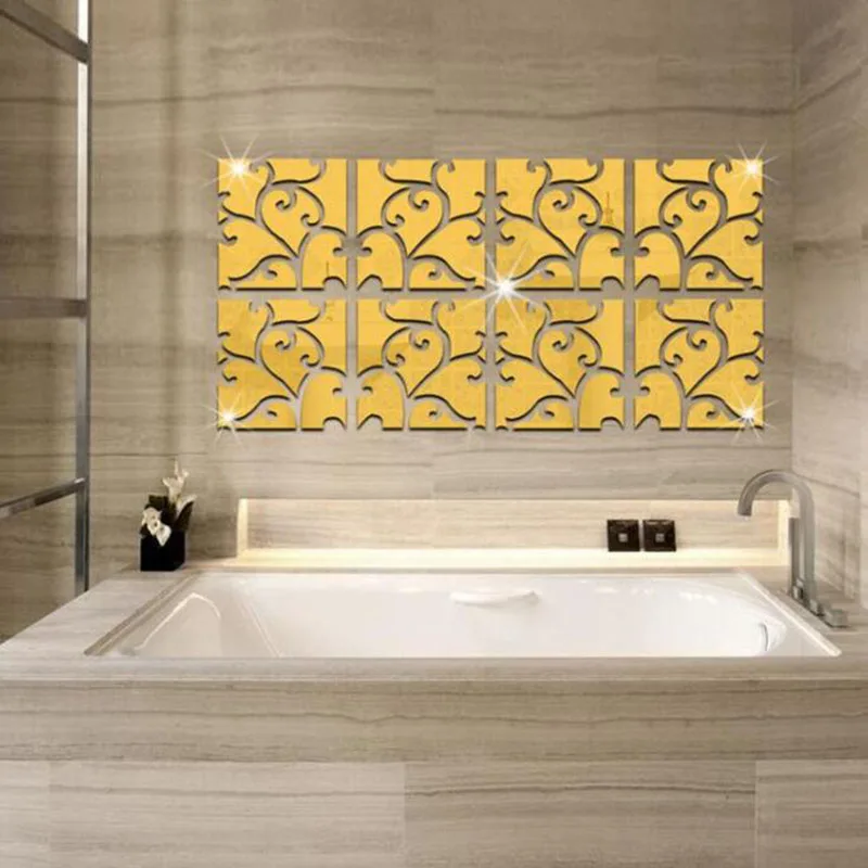 4pcs/set Acrylic Floral Mirror Wall Sitkcer Square Stickers Wall Decoration for Household Living Room Bathroom Supply