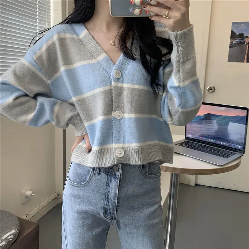 

Japanese Striped Cardigans Women New Style Vintage V-neck Outwear Sweater Jacket Woman Long Seeve Knitted Cardigan Top