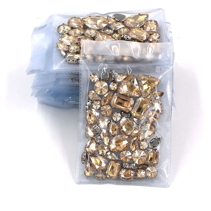 Wholesale 5 bags Champagne mixed shape rhinestones glass crystal sew on rhinestones whth sliver base claws diy clothing