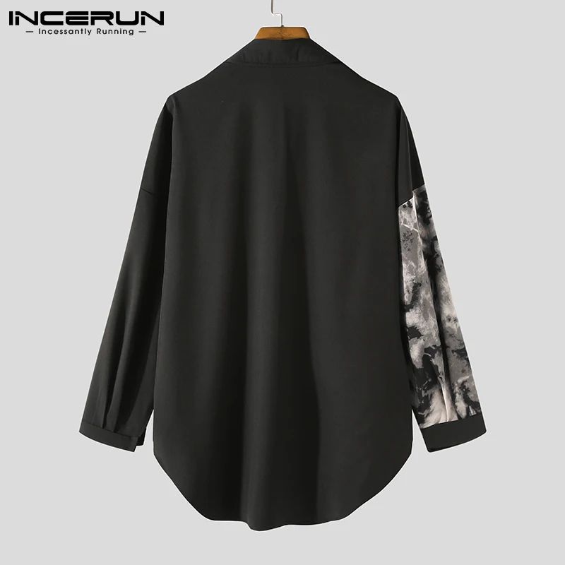 INCERUN-Camisa estampada casual manga comprida masculina, tops de streetwear lapela primavera, moda coreana, camisas soltas, patchwork, 5XL, 2023