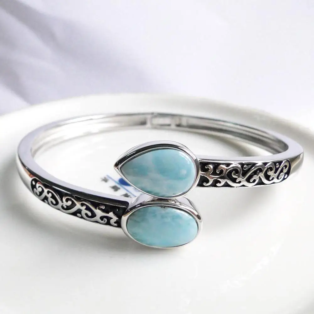 

Silver Jewelry High Quality Natural Larimar Bracelet Fine Jewelry Larimar Bangle 100% 925 Sterling Silver Bangle for Womens Gift