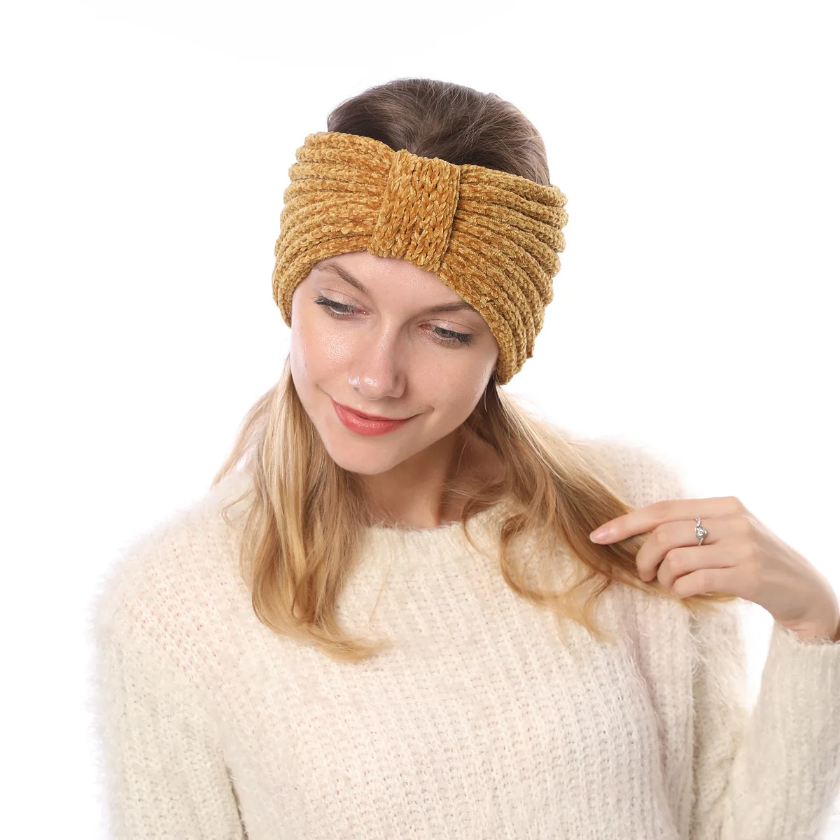 New Women\'s Autumn And Winter Chenille Hairband Soft Thick High-elastic Warm Knitted Headband Wool Bowknot Headgear Accessories