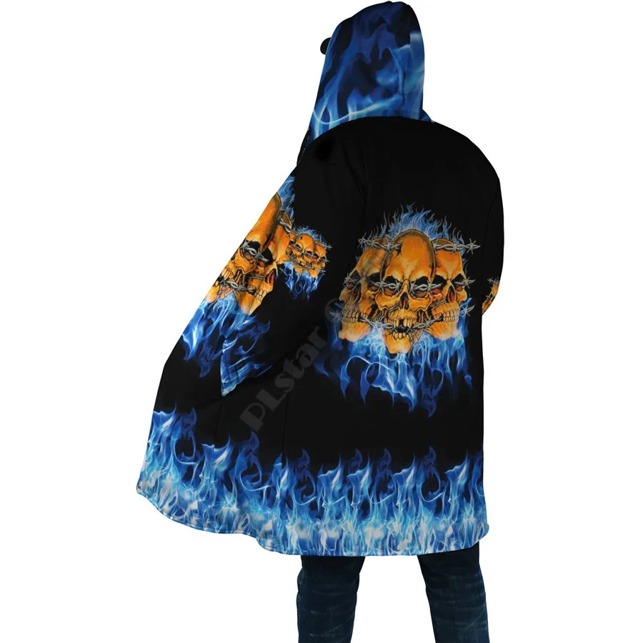 Winter Men For Women Skull On Blue Fire Coat Cloak 3D Printed Cloak Fleece Wind breaker Warm Hood Cloak