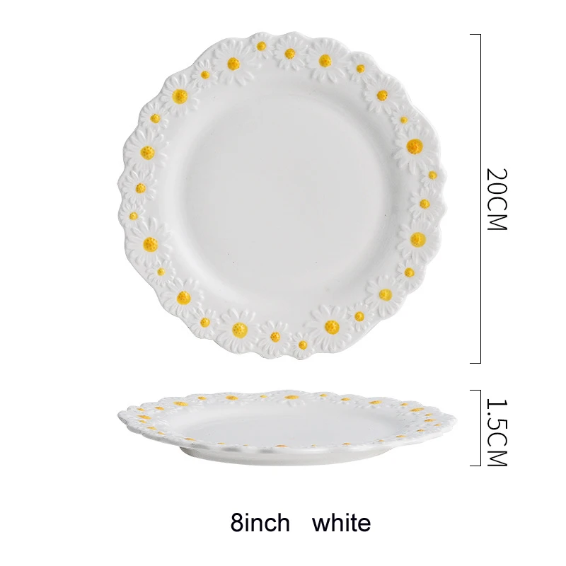 8/10inch Cute Small Daisy Flower Ceramic Dessert Plates Salad Bowl Tableware Dishes Dinner Food Steak SnackTray White Crockery