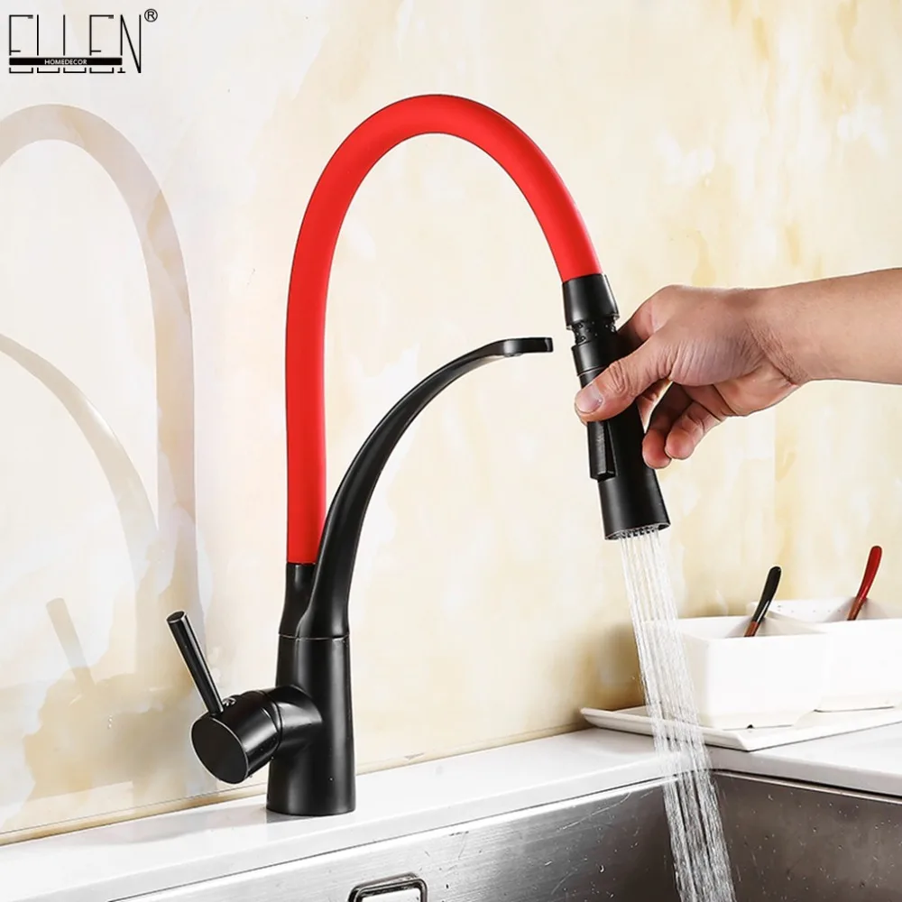 

Vidric Pull Down Kitchen Faucet Black Hot and Cold Water Crane Mixer Deck Mounted Kitchen Sink Faucets with Rubber Design ELK909