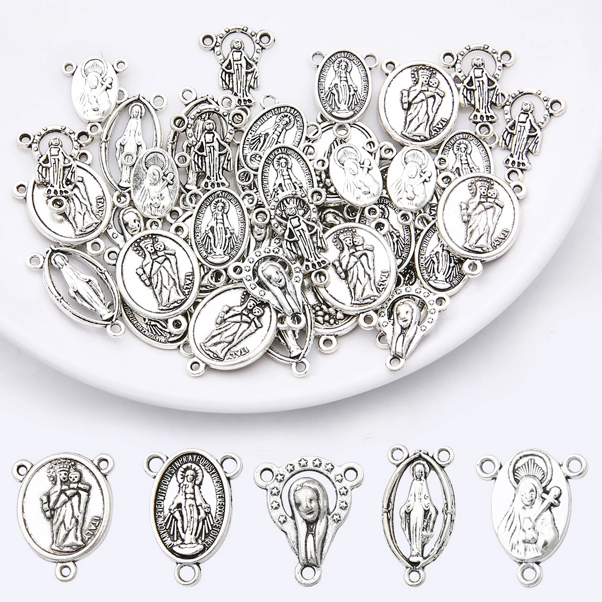 Colgantes de aleación con tres agujeros para hacer joyería Diy, accesorios, abalorio, suministros cristianos de la Virgen María, venta al por mayor