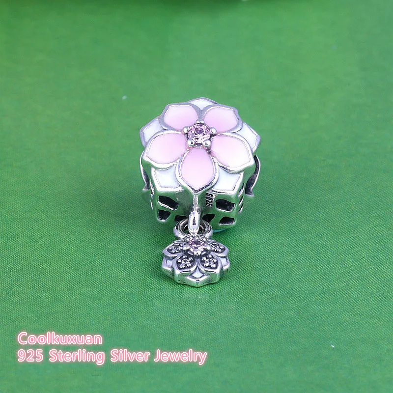 

Spring Enamel Magnolia Bloom Duo Hanging Charm Original 925 Sterling Silver CZ Flower Dangle Beads Fit Pandora Bracelets