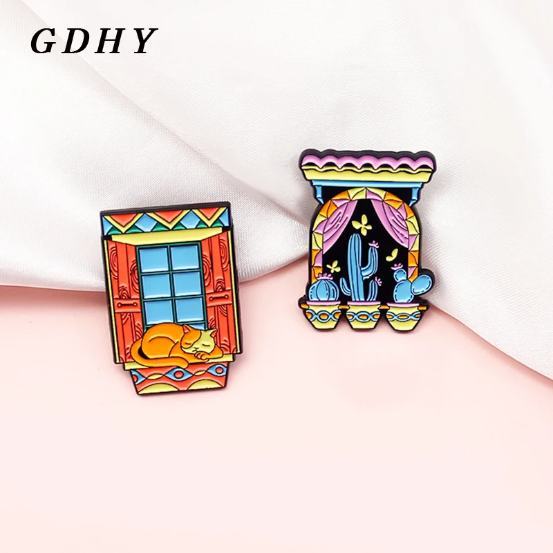 GDHY Colour Window Enamel Pin Blue Cactus Potted Plants Yellow Cat Brooch Backpack Clothes Badge Jewelry For Kids Friends Spille